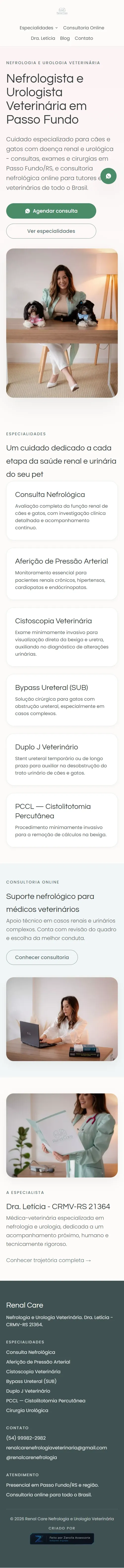 Site de veterinária especialista criado pela Zanolla Assessoria, visto na tela do celular